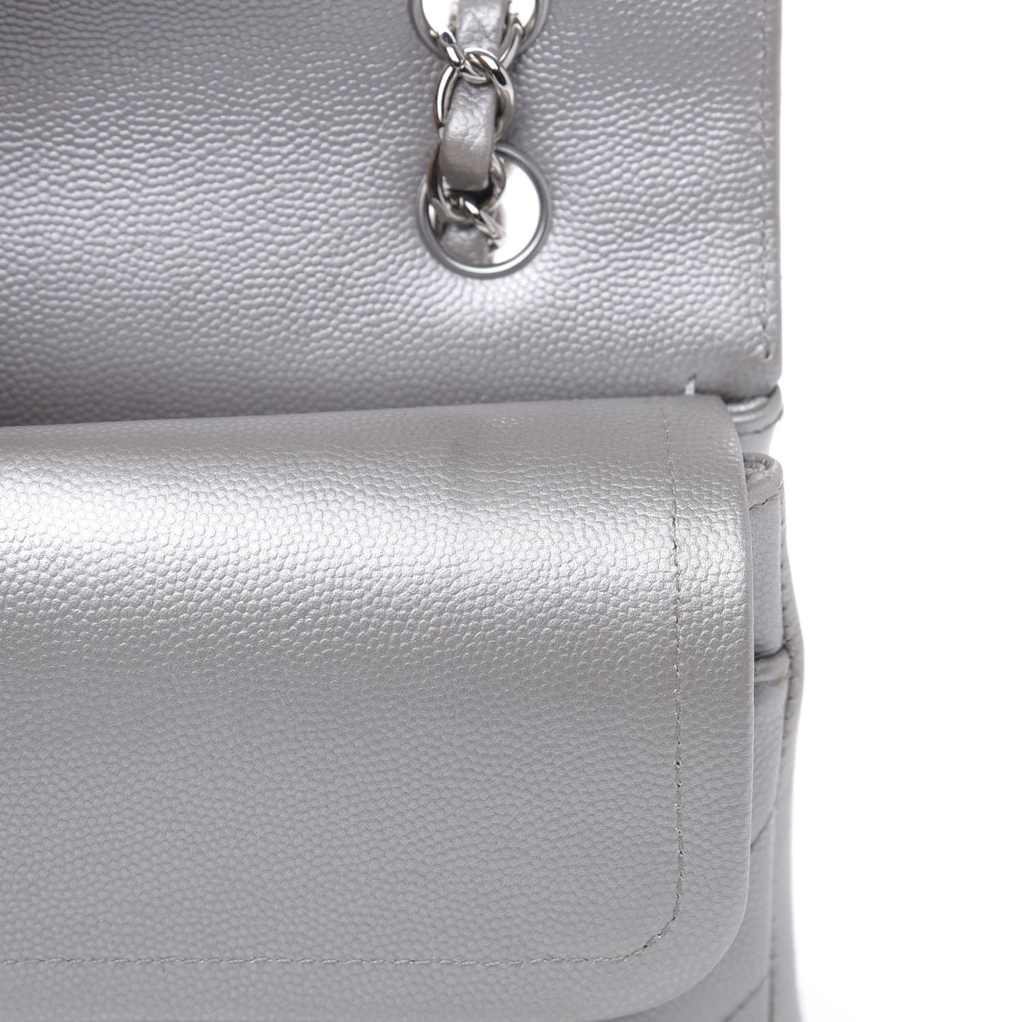 Metallic Caviar Chevron Quilted Medium Double Flap Silver