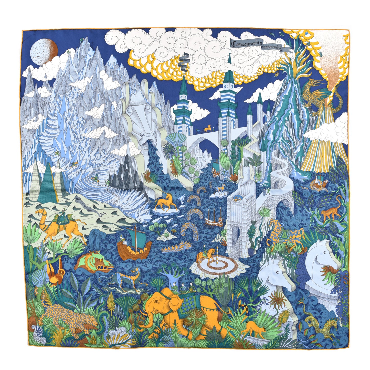 Silk Cosmographia Universalis Scarf 90 Bleu Nuit Vert Miel