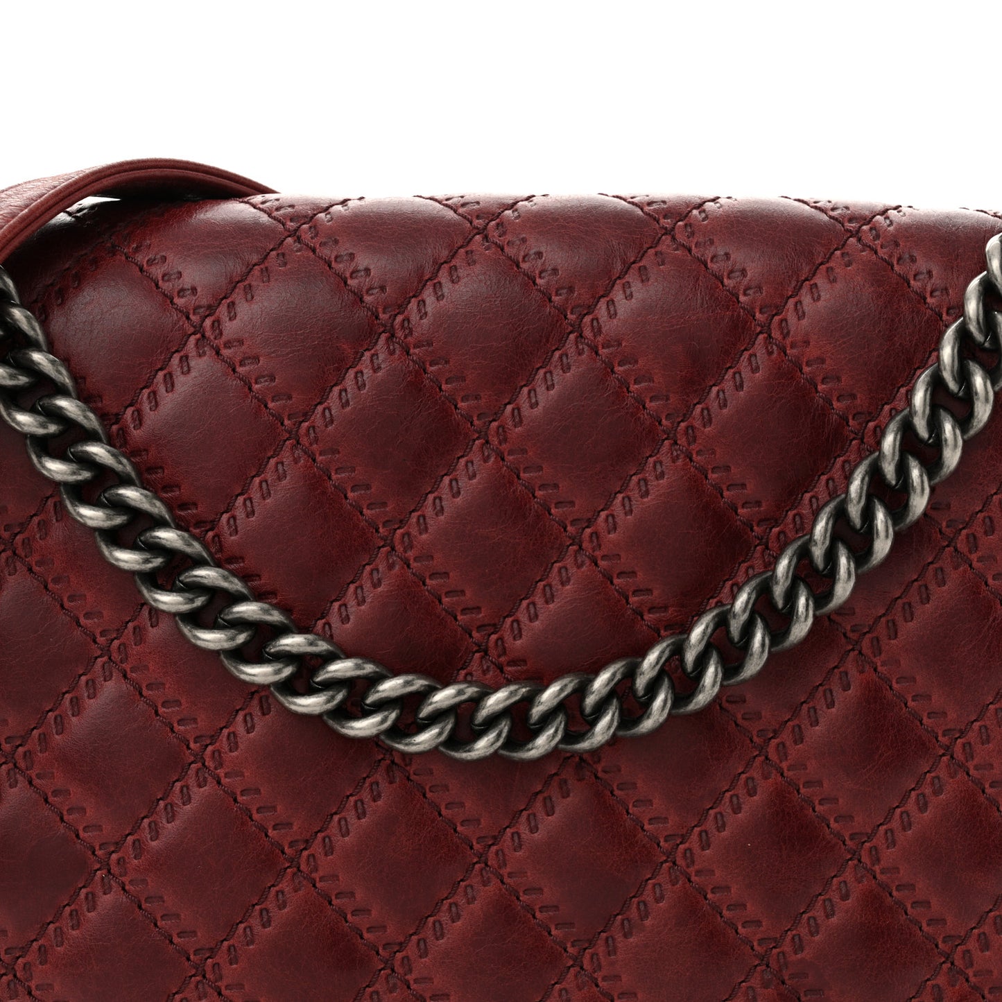 Calfskin Quilted Double Stitch Large Boy Flap Burgundy