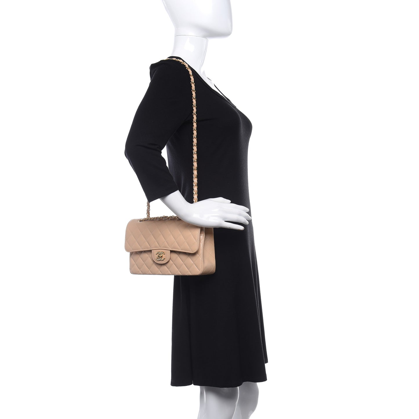 Caviar Quilted Small Double Flap Beige