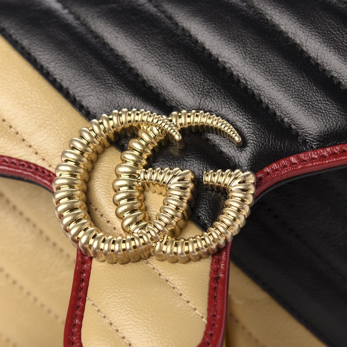 Vintage Effect Calfskin Matelasse Diagonal Striped Small Torchon GG Marmont Shoulder Bag Black Beige