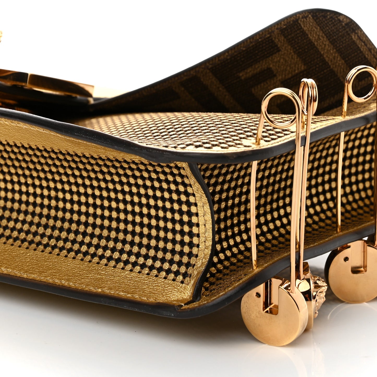 X VERSACE Metallic Nappa Perforated Fendace Brooch Baguette Gold