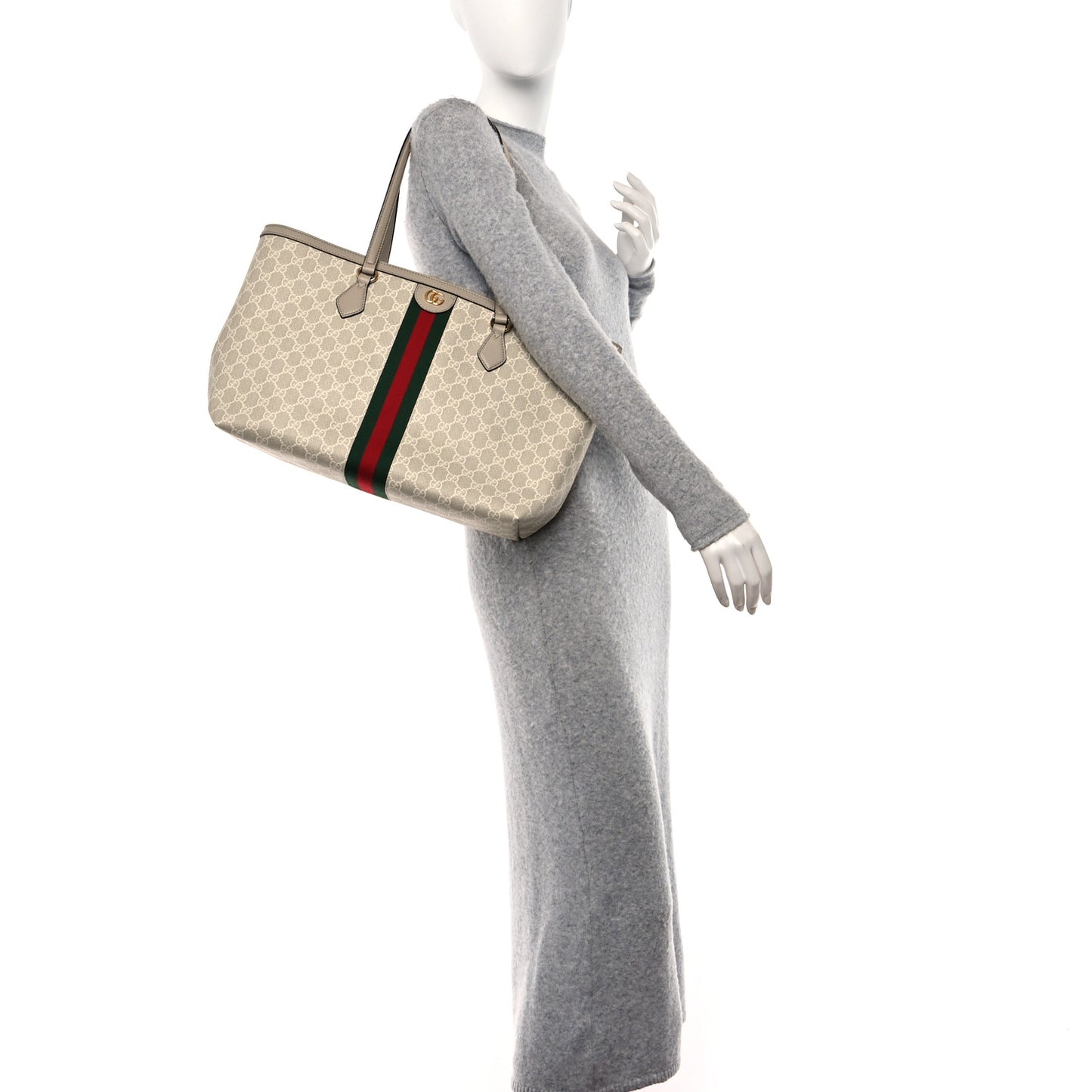 GG Supreme Monogram Textured Dollar Calfskin Web Medium Ophidia Shopping Tote Beige Mystic White Oatmeal