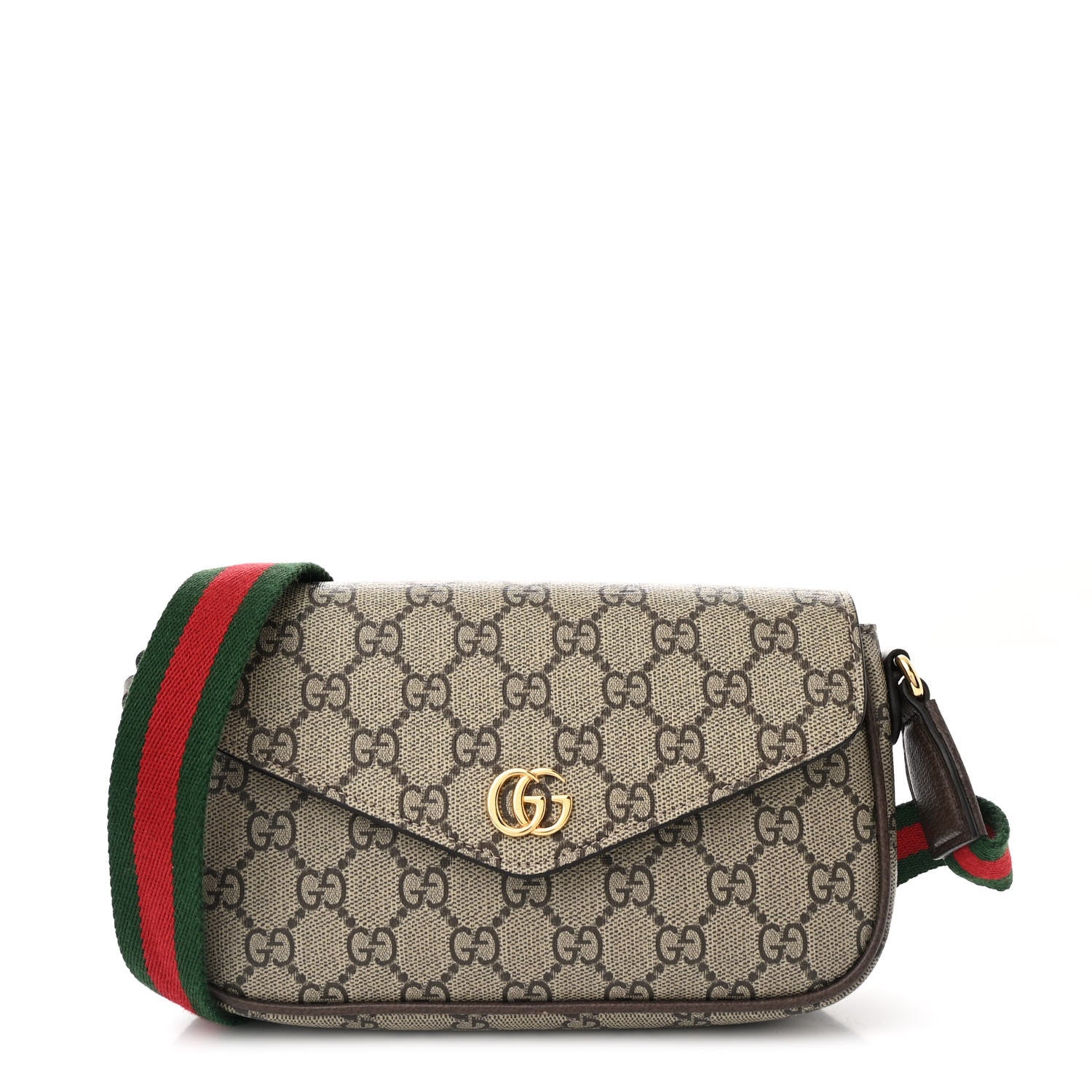 Gucci GG Supreme Monogram Textured Dollar Calfskin Web Mini Ophidia Envelope Shoulder Bag Beige Ebony New Acero 1 of 11