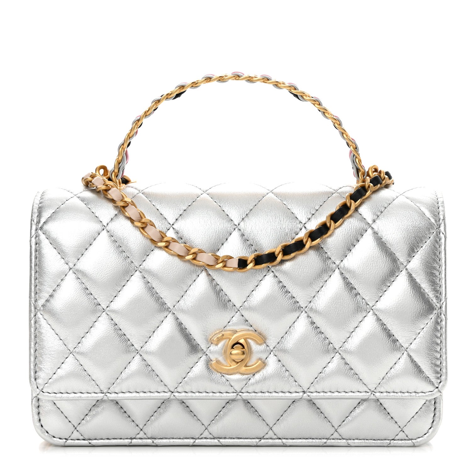 Chanel Metallic Calfskin Quilted Top Handle Wallet on Chain WOC
