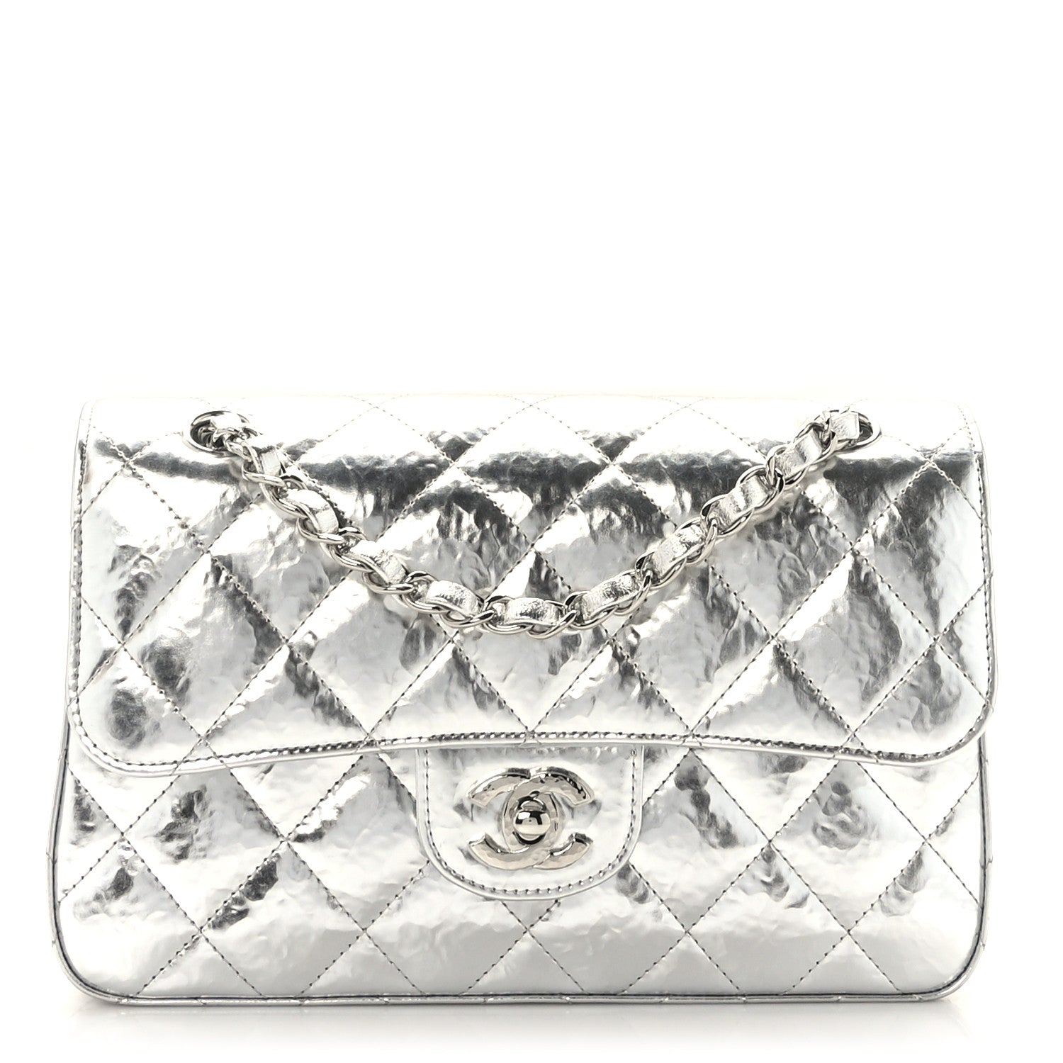Chanel Hammered Metallic Calfskin Quilted Small Double Flap Silver