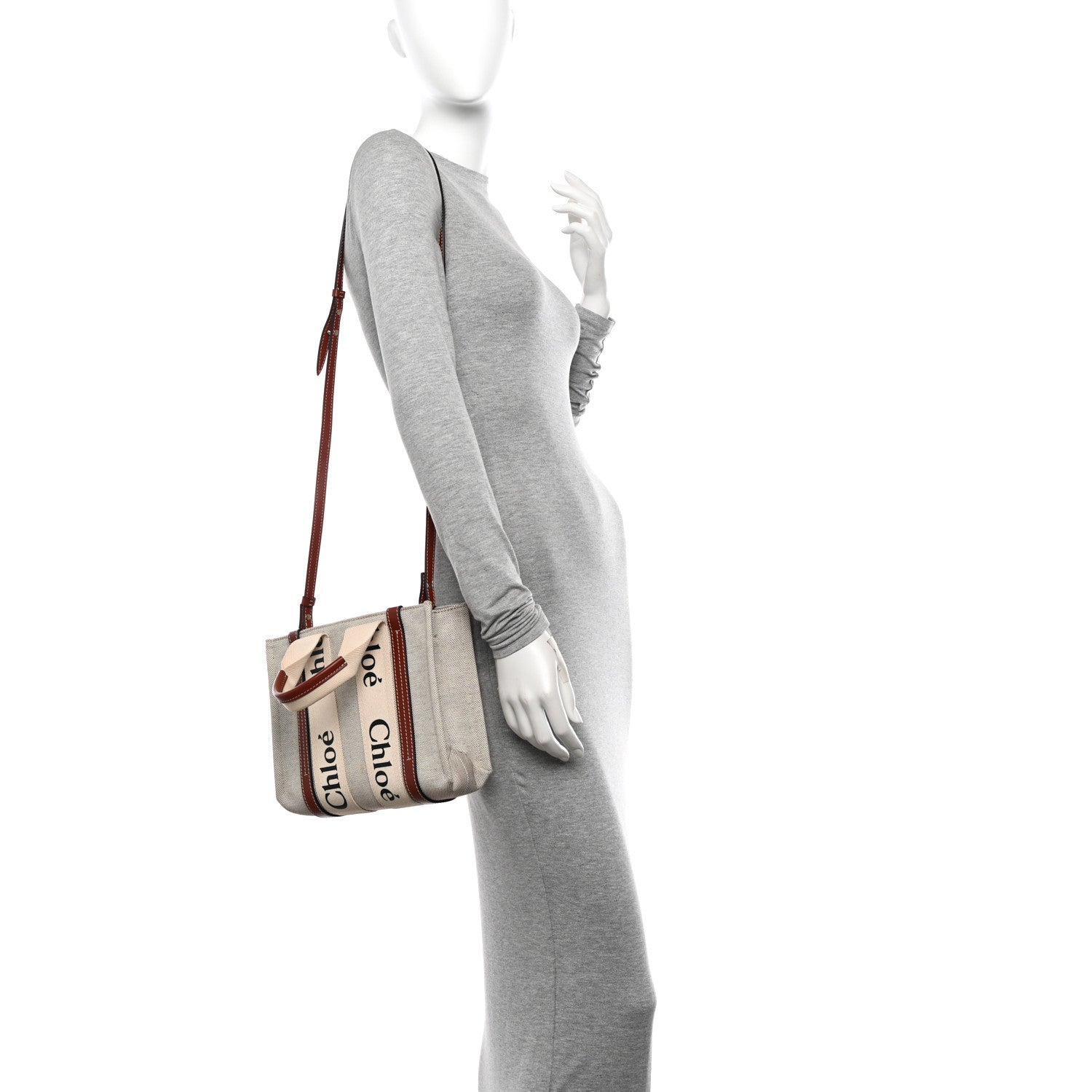 Chloe Cotton Calfskin Small Woody Ribbon Tote With Strap White Brown 2 of 13