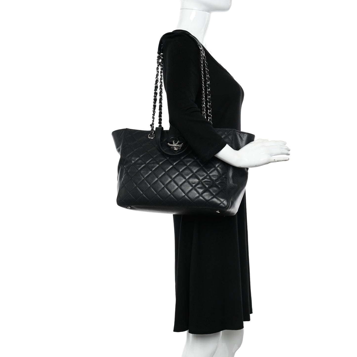 Caviar Quilted Large CC Box Shopping Tote Black