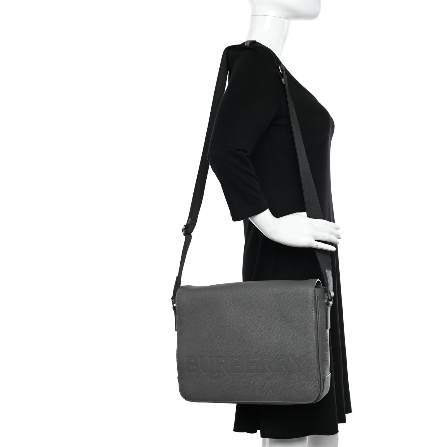 Grainy Calfskin Embossed Bruno Messenger Charcoal Grey