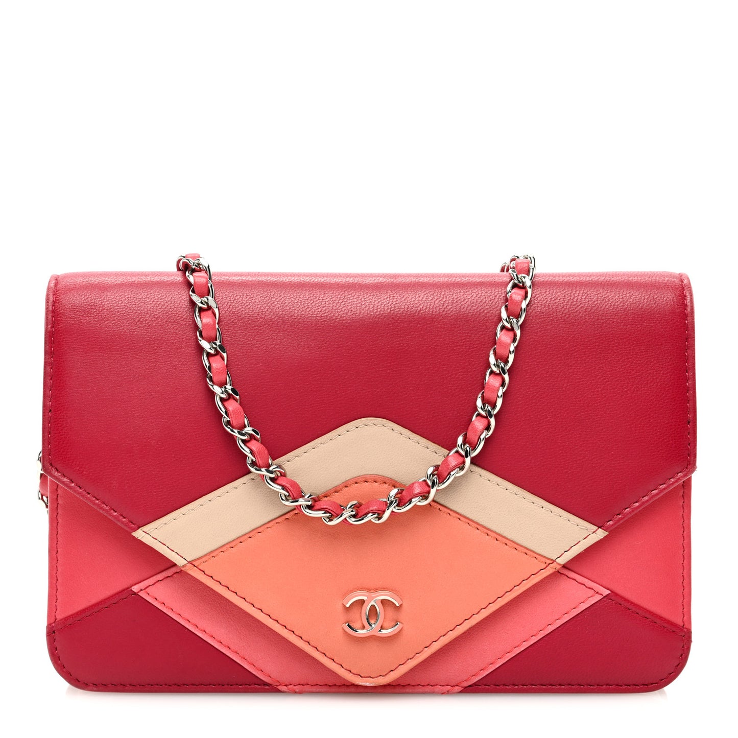 Lambskin Chevron Wallet On Chain WOC Dark Pink Multicolor