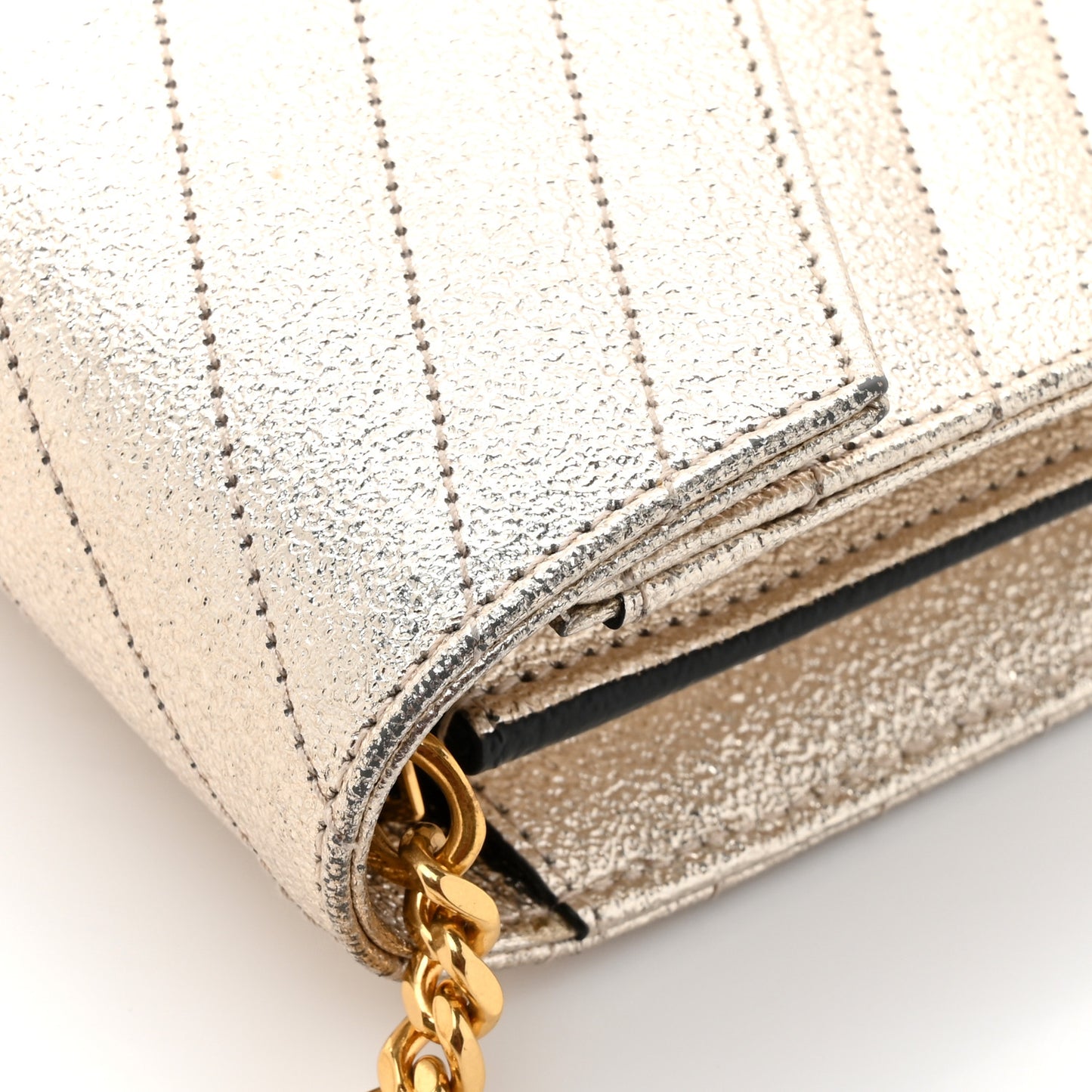 Metallic Crackled Calfskin Matelasse Chevron Monogram Chain Wallet Gold