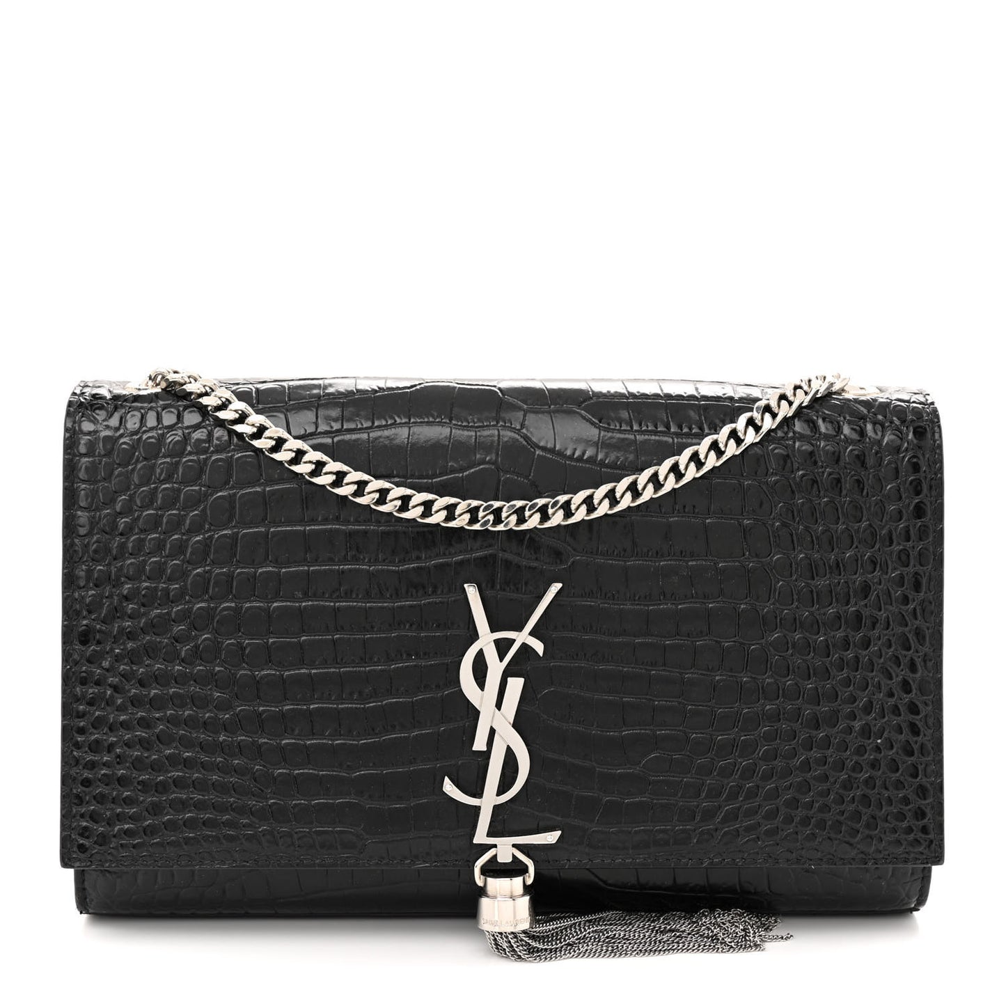 Calfskin Crocodile Embossed Medium Classic Monogram Kate Tassel Satchel Black
