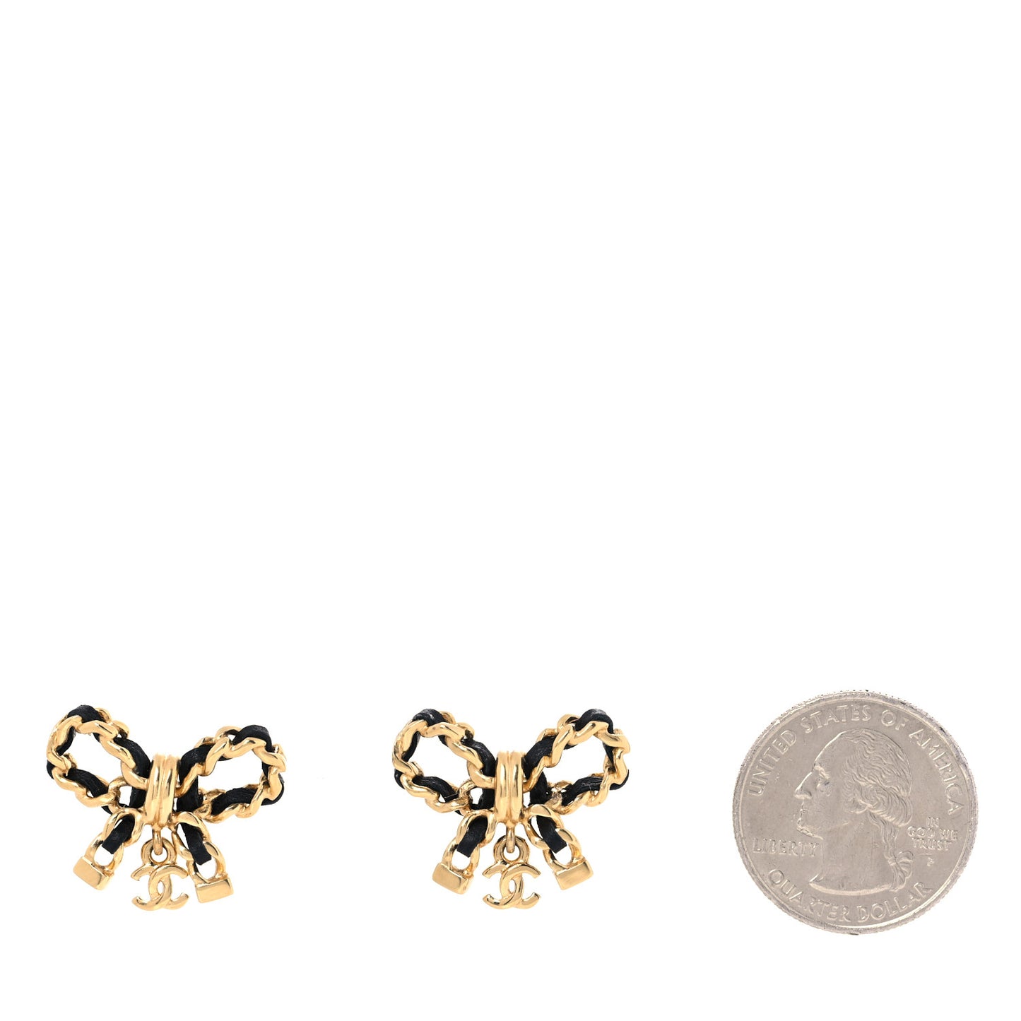 Lambskin Chain Bow Stud Earrings Black Gold