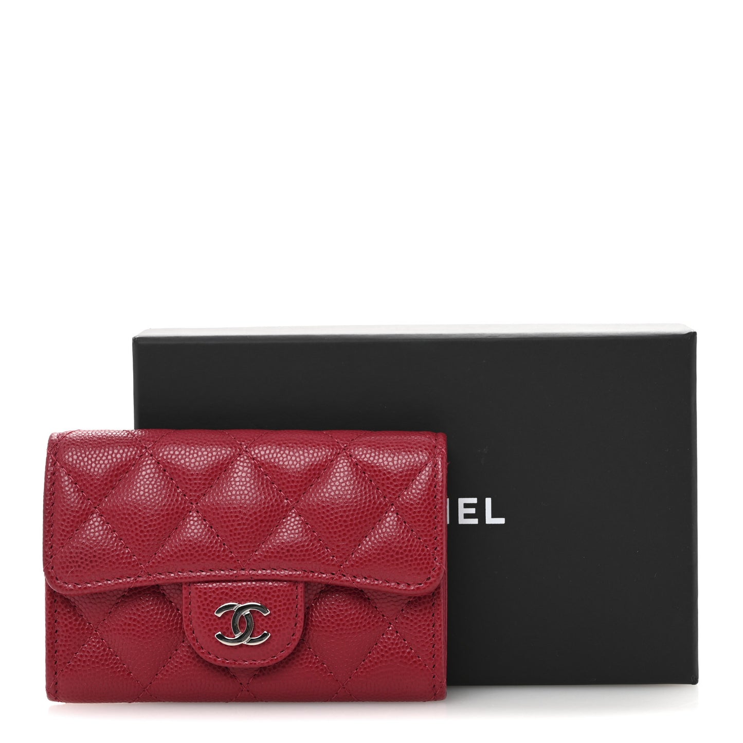 Caviar Quilted Flap Card Holder Wallet Dark Pink