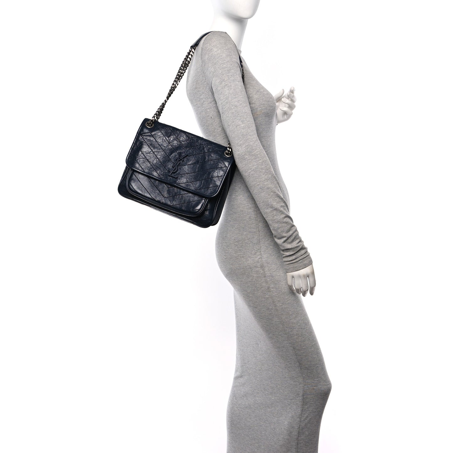 Crinkled Calfskin Matelasse Monogram Medium Niki Chain Satchel Deep Marine