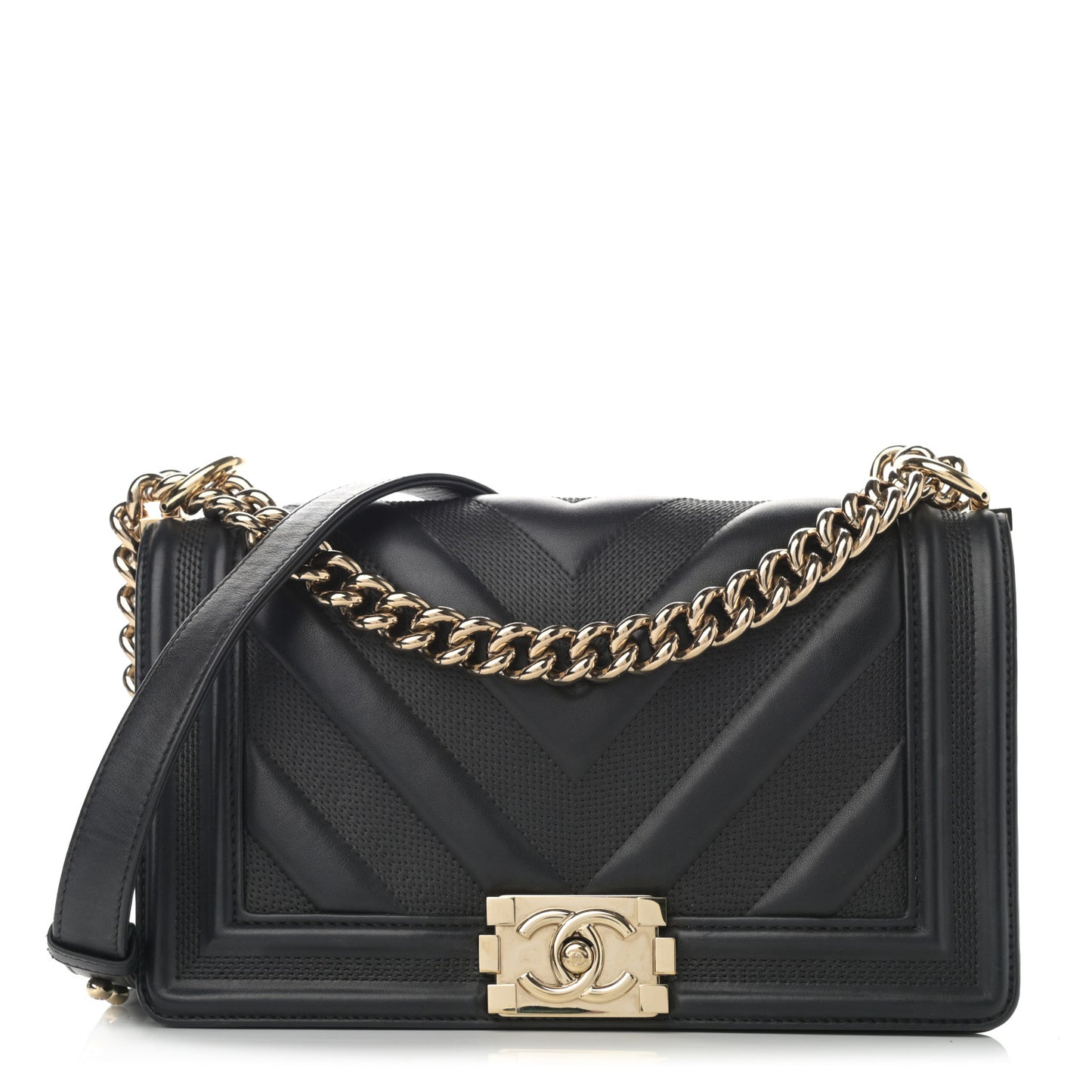 Calfskin Perforated Chevron Quilted Medium Boy Flap Black