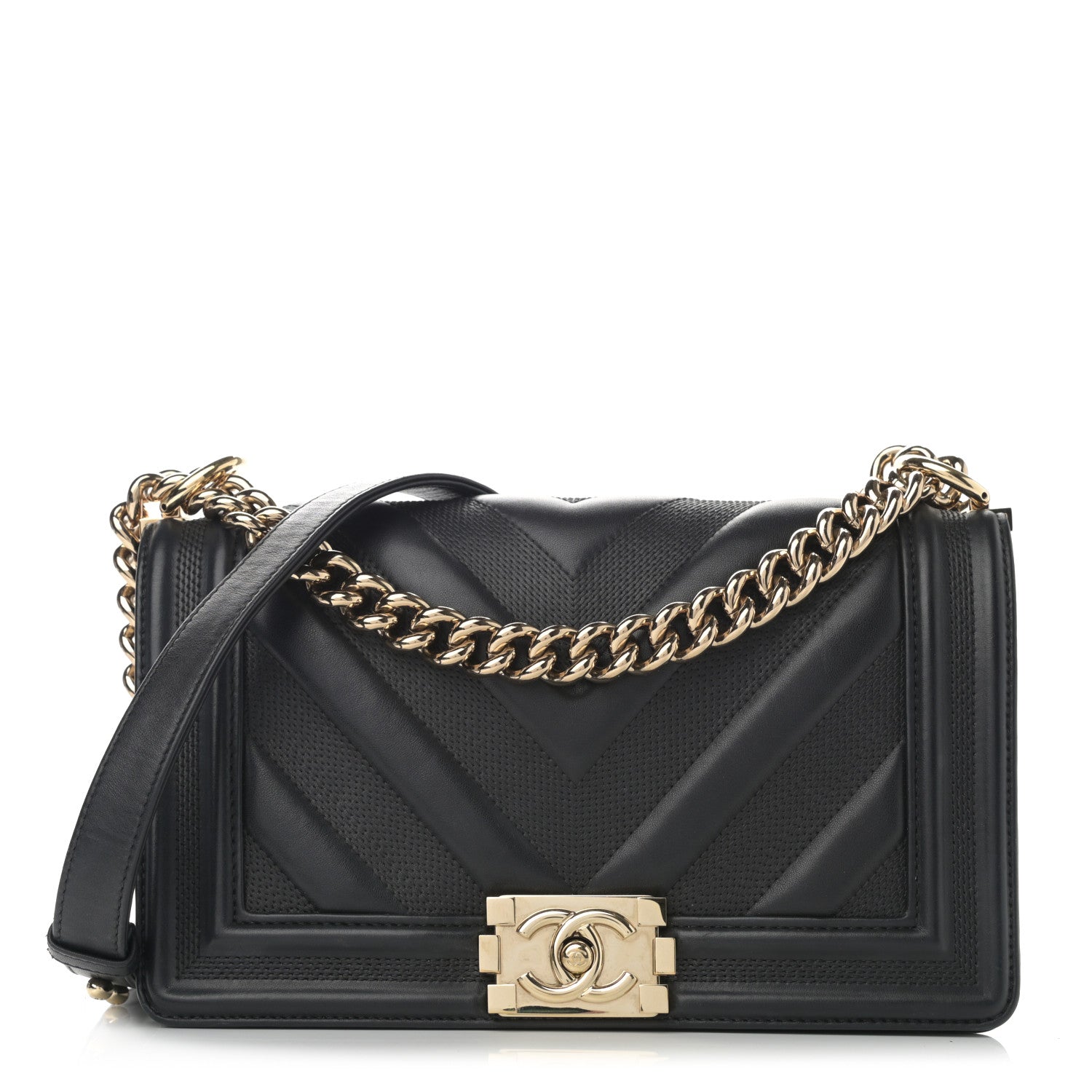Chanel Calfskin Perforated Chevron Quilted Medium Boy Flap Black 1 of 10