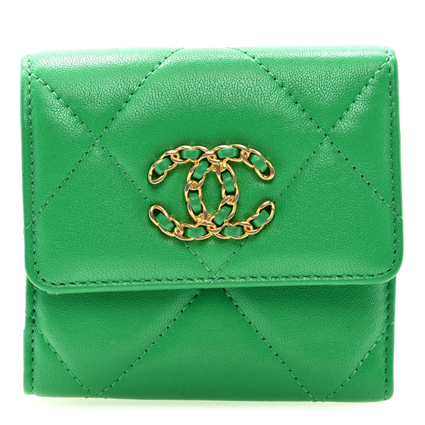 Goatskin Quilted Chanel 19 Small Flap Wallet Green