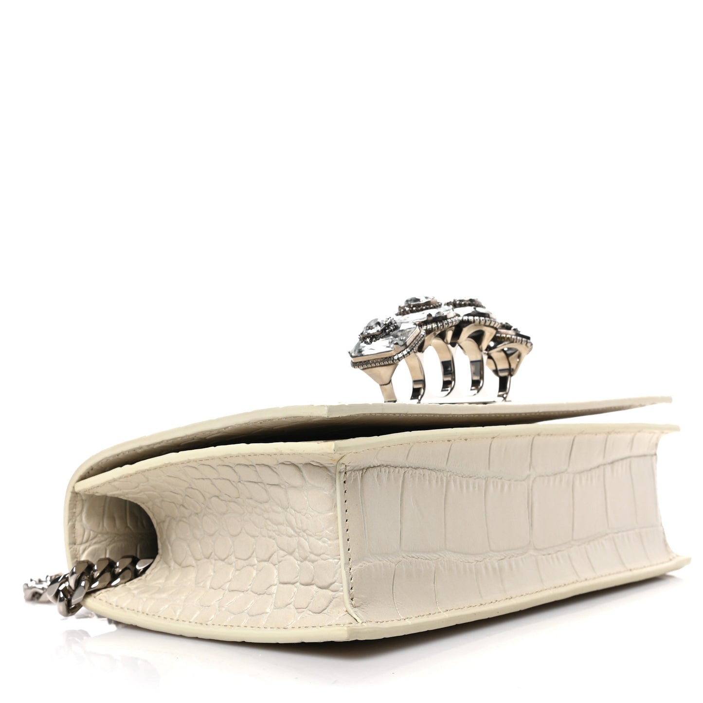 Shiny Calfskin Crocodile Embossed Knuckle Jeweled Crossbody White