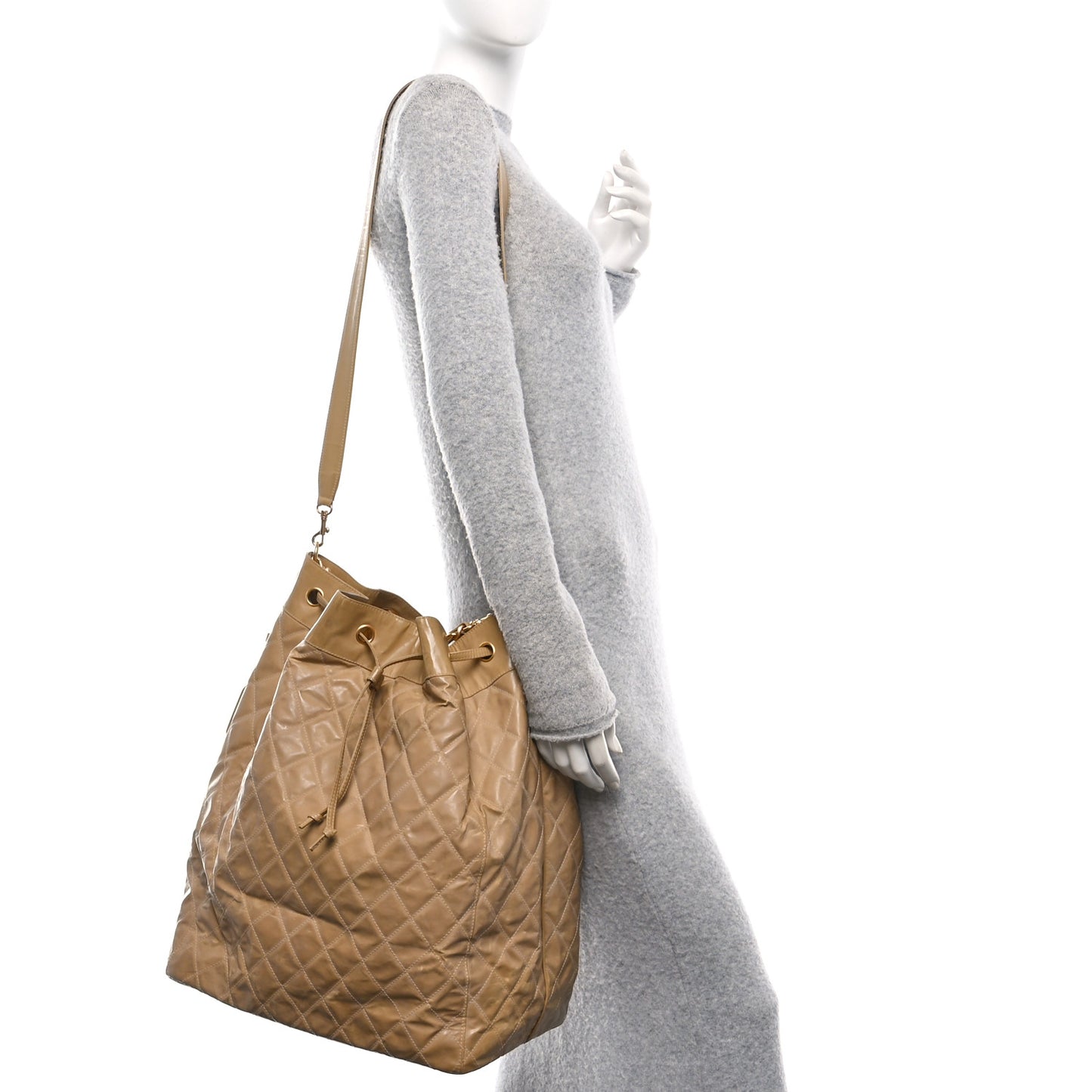 Vinyl Stitched XL Bucket Bag Beige
