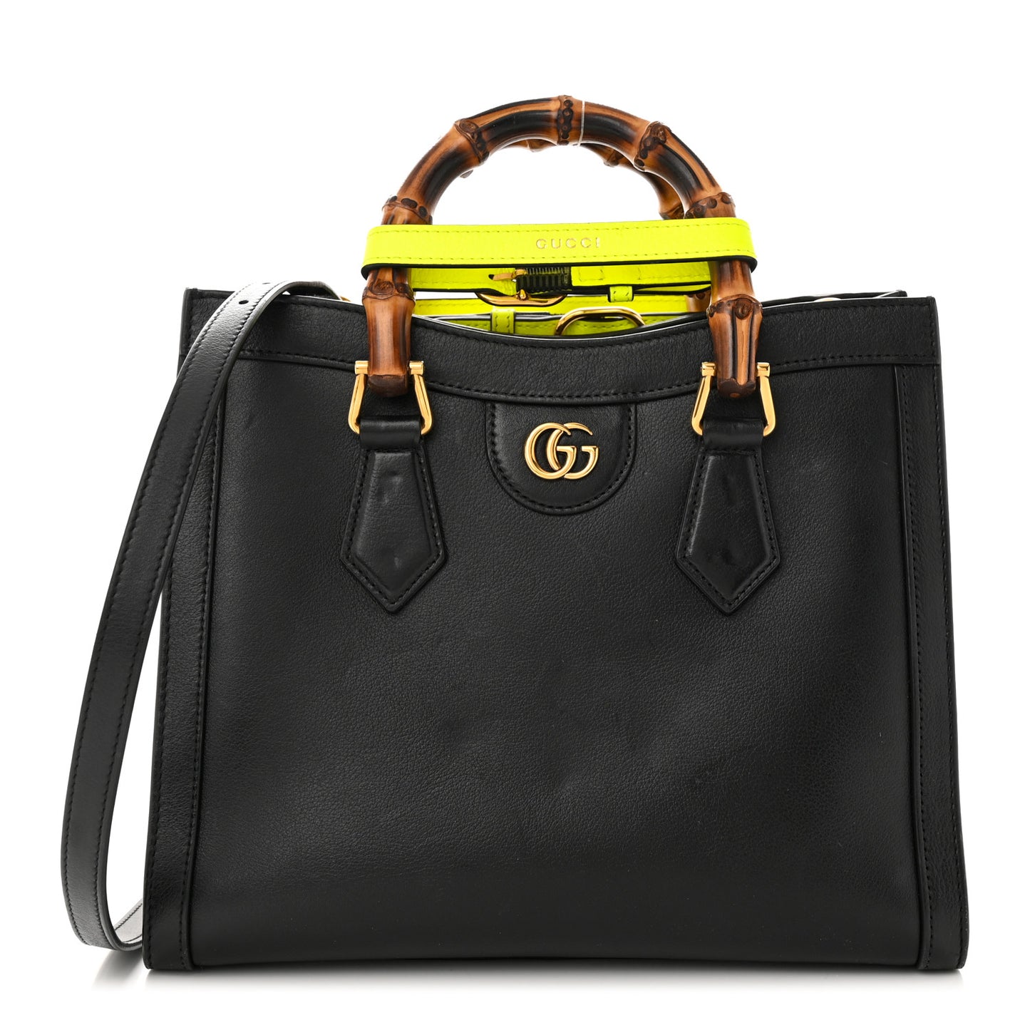 Calfskin Small Diana Tote Bag Black Yellow Fluo