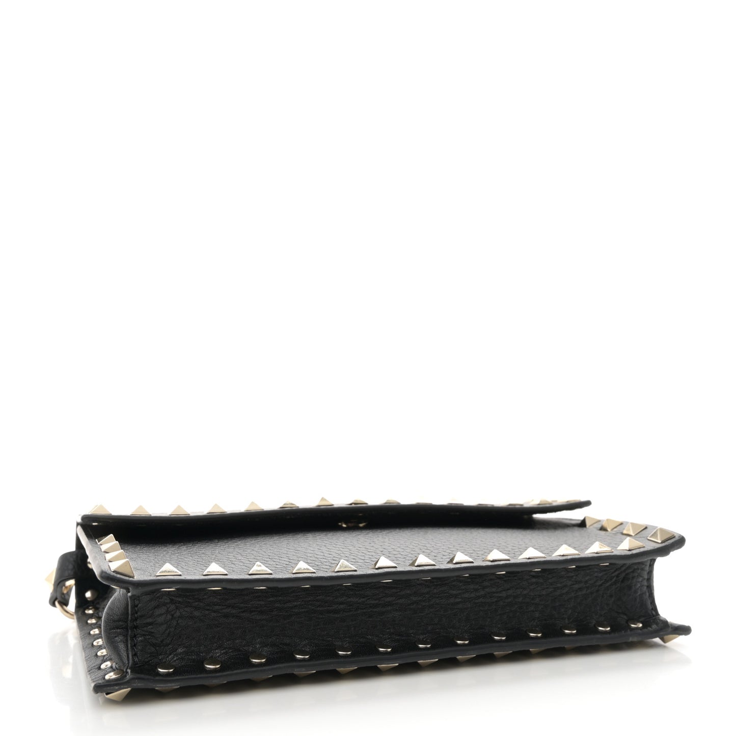 Pebbled Calfskin Rockstud Flap Wallet On Chain Black