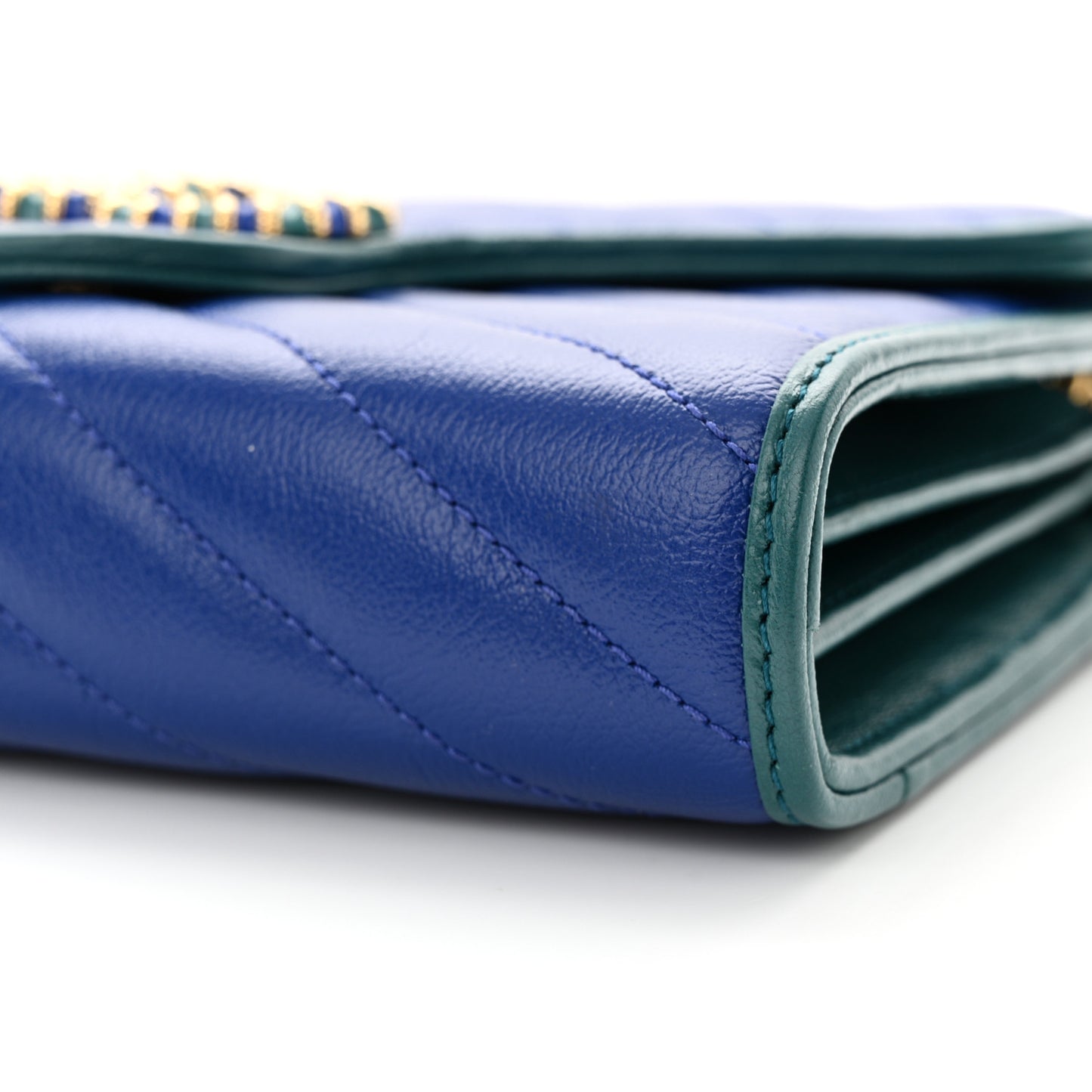 Azalea Calfskin Enamel Matelasse Diagonal Torchon GG Marmont Chain Wallet Imperial Blue Pavone