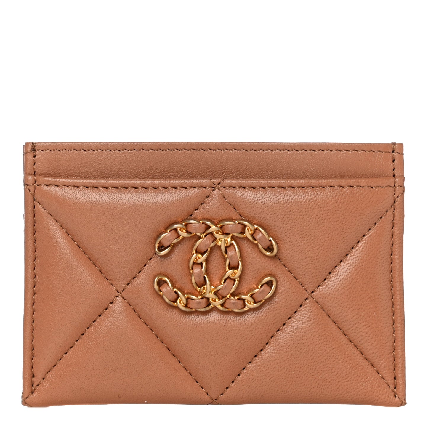 Lambskin Quilted Chanel 19 Card Holder Brown