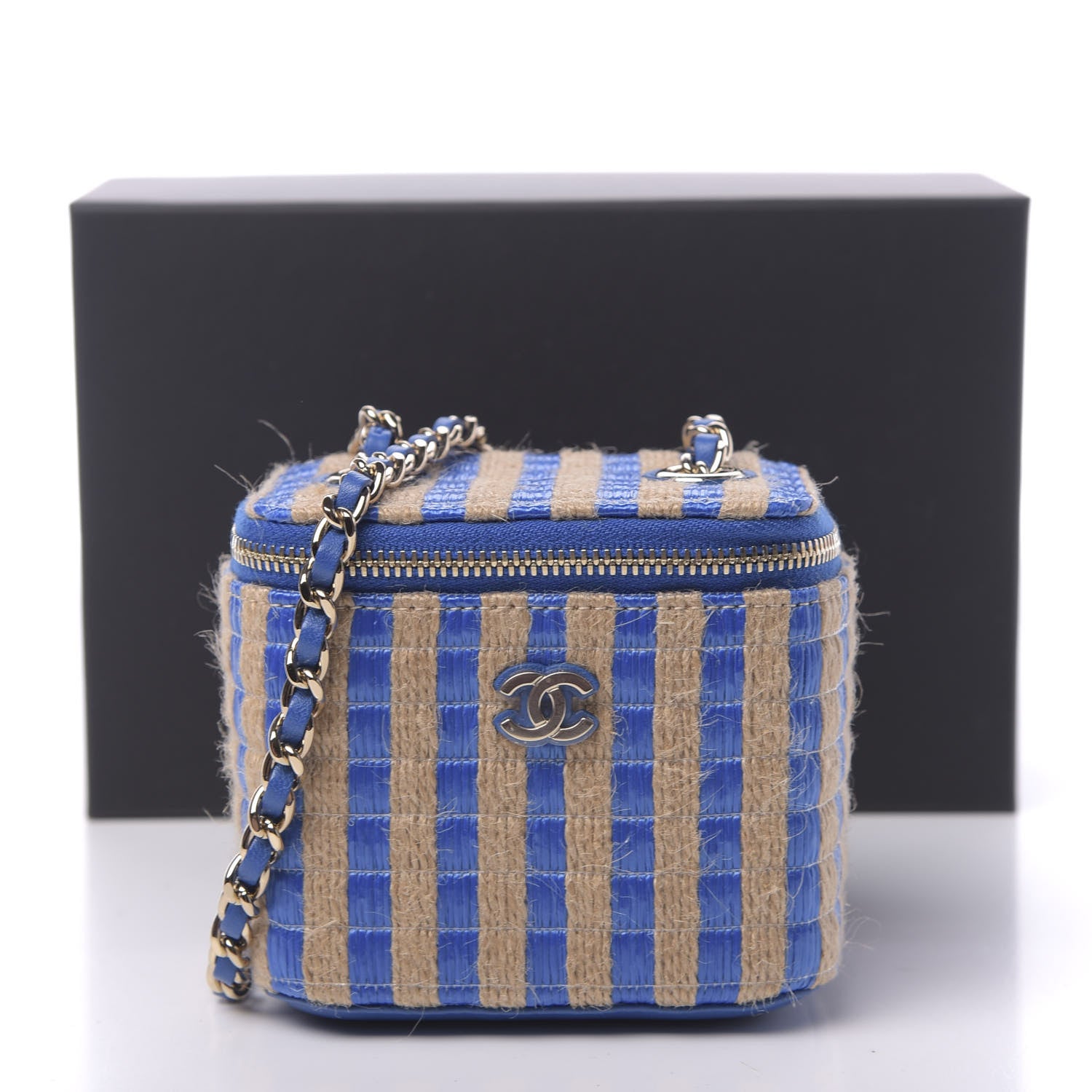 Chanel Raffia Jute Striped Mini Vanity Case With Chain Blue Beige 11 of 11