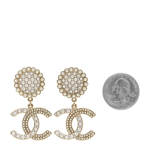 Crystal Pearl CC Drop Round Earrings Gold