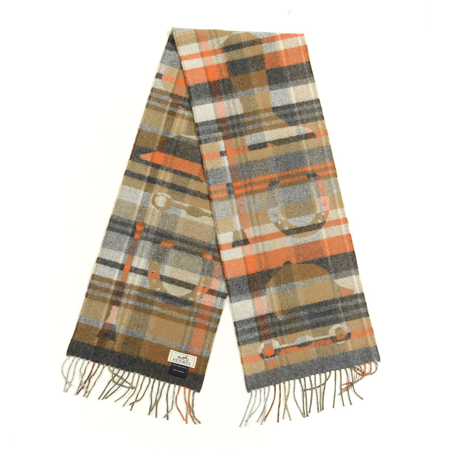 Cashmere HER-MES Tartan Muffler Camel Beige Orange Gris