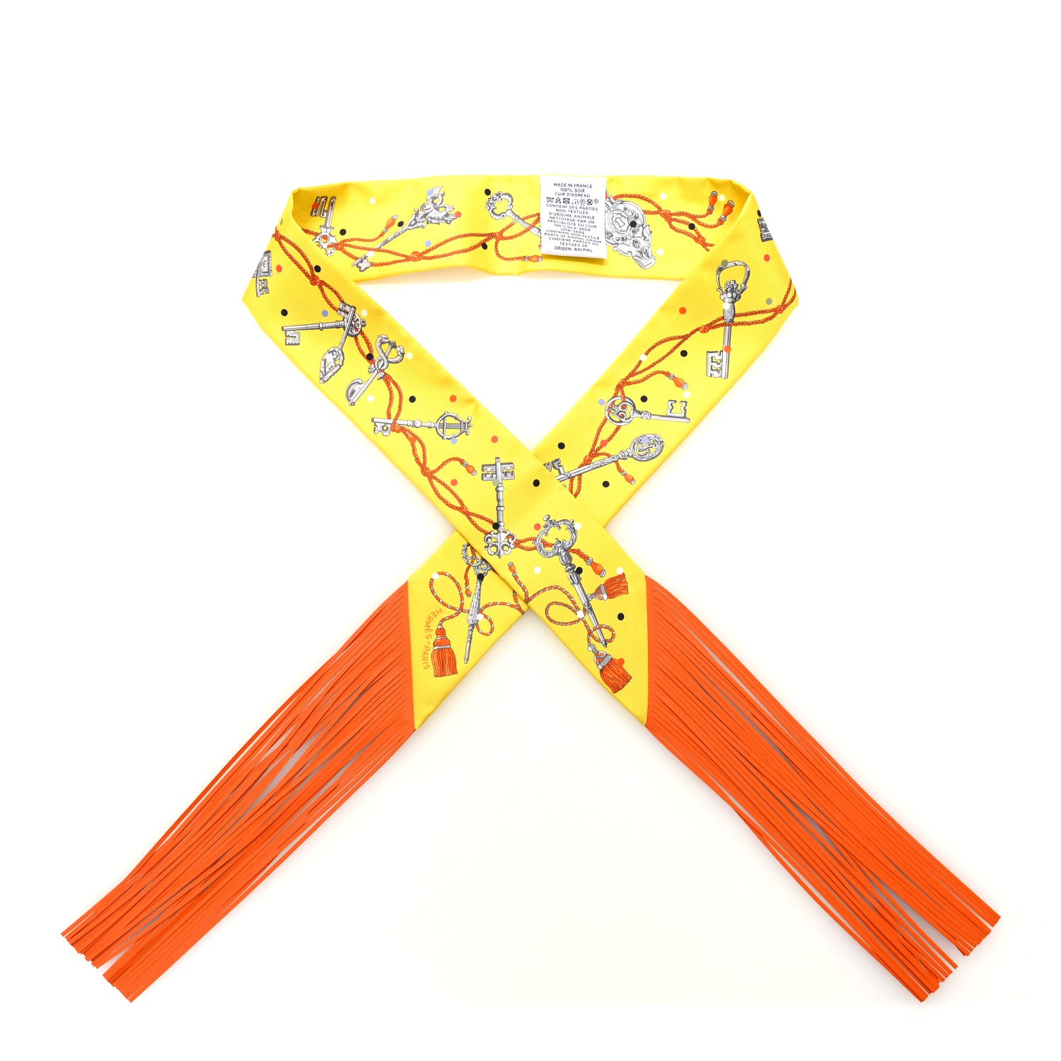 Hermes Silk Calfskin Les Cles A Pois Fringed Twilly Jaune Argent