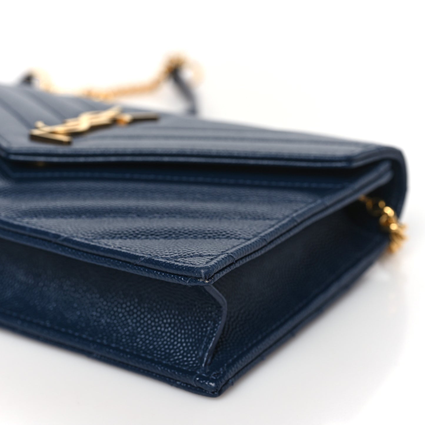Grain De Poudre Matelasse Chevron Monogram Envelope Chain Wallet Navy