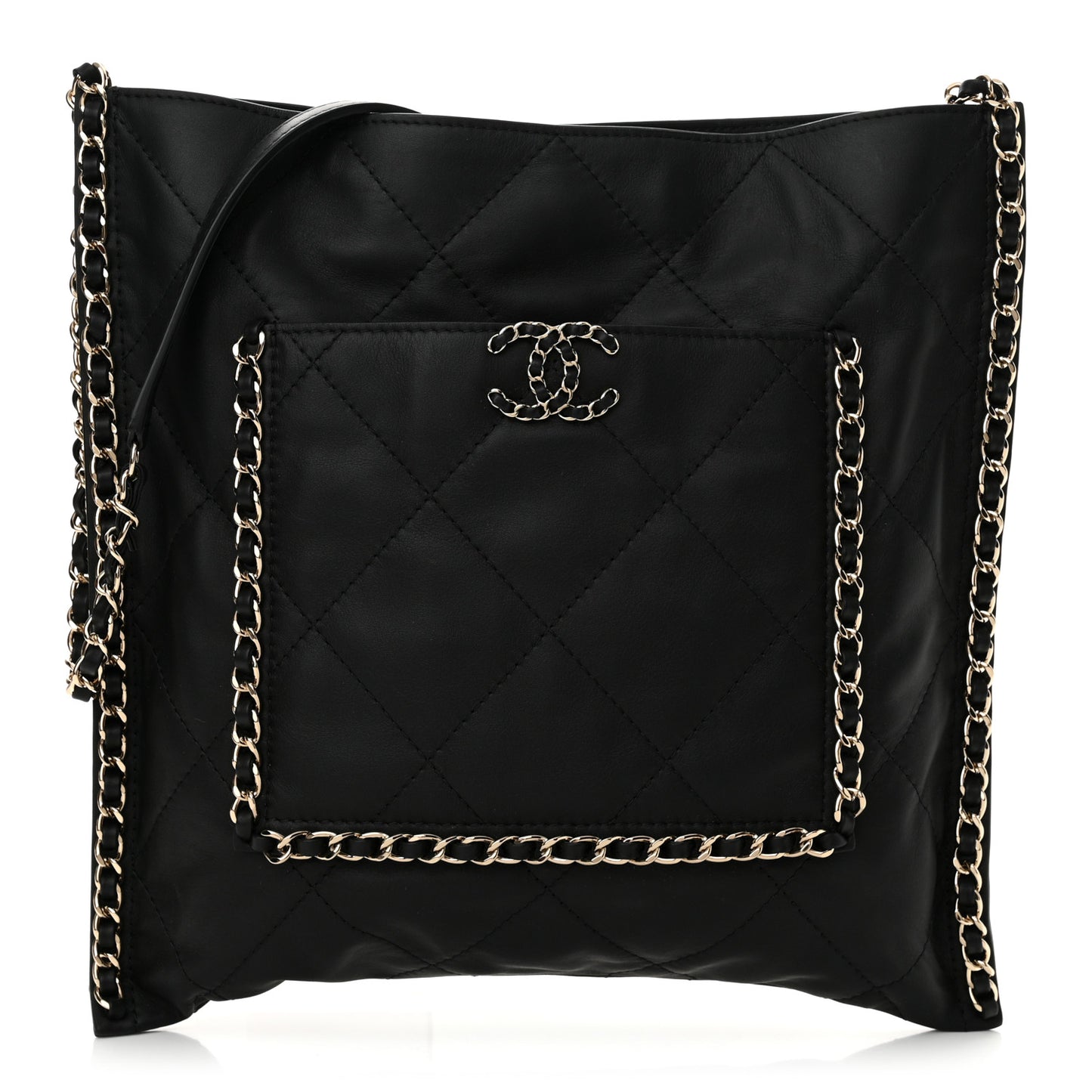 Calfskin Quilted Chain Flat Tote Black