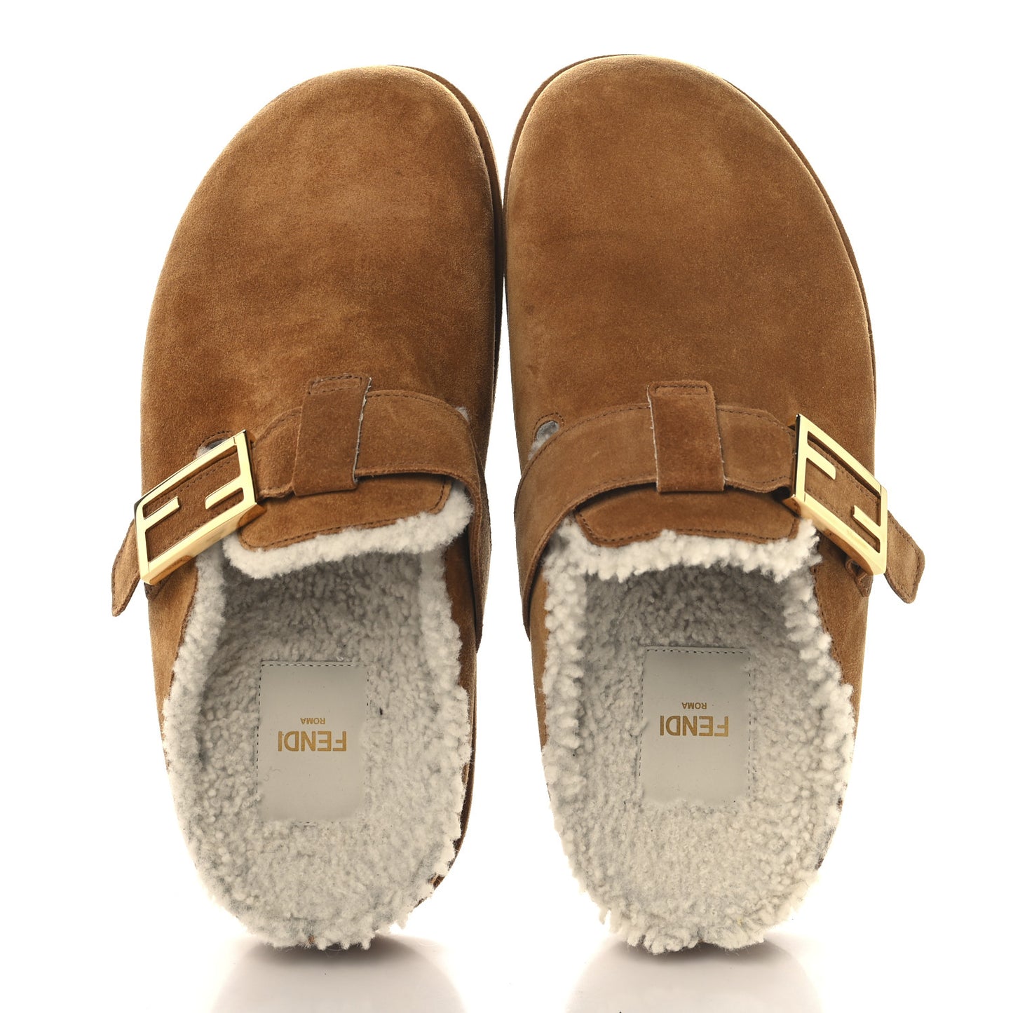 Suede Shearling Fendi Feel Buckled Clogs 39 Caramel Latte