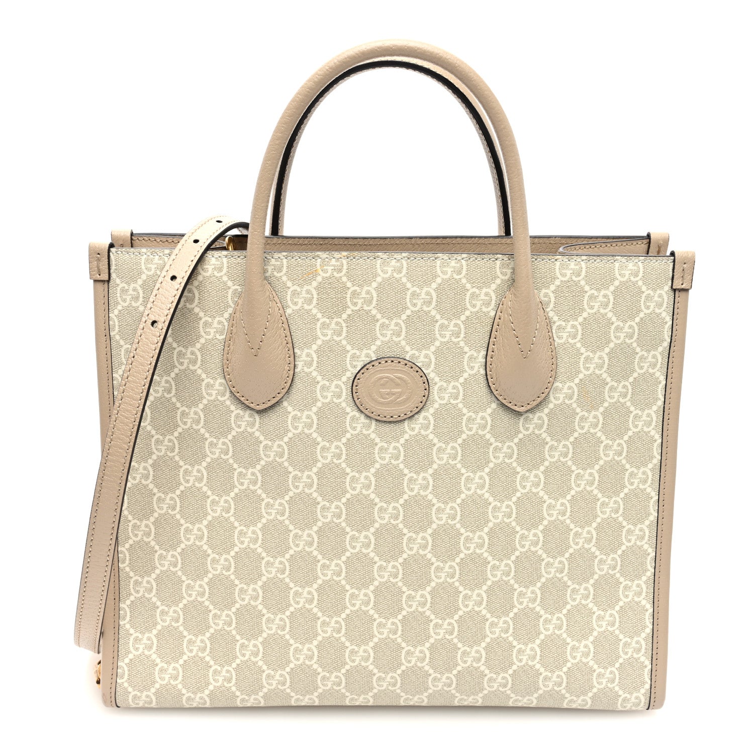 Gucci GG Supreme Monogram Textured Dollar Calfskin Small Retro Interlocking G Tote Bag Beige Mystic White Oatmeal 1 of 9