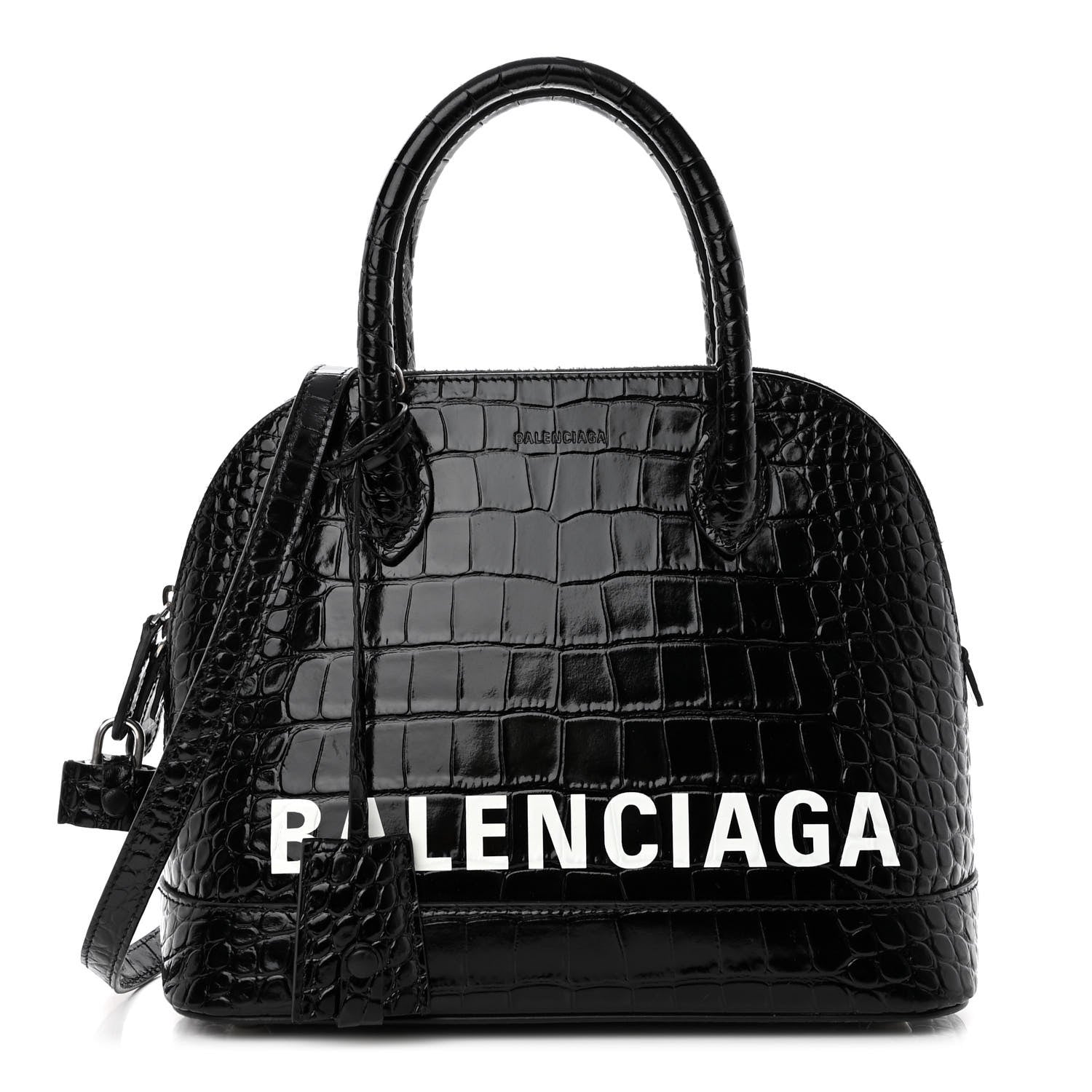 Balenciaga Shiny Calfskin Logo Crocodile Embossed S Ville Top Handle Bag Black White 1 of 10