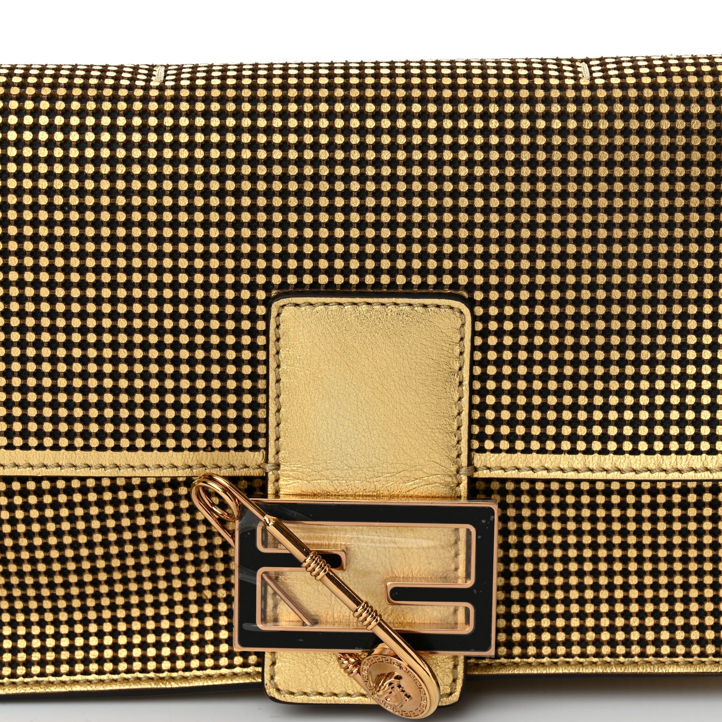 X VERSACE Metallic Nappa Perforated Fendace Brooch Baguette Gold