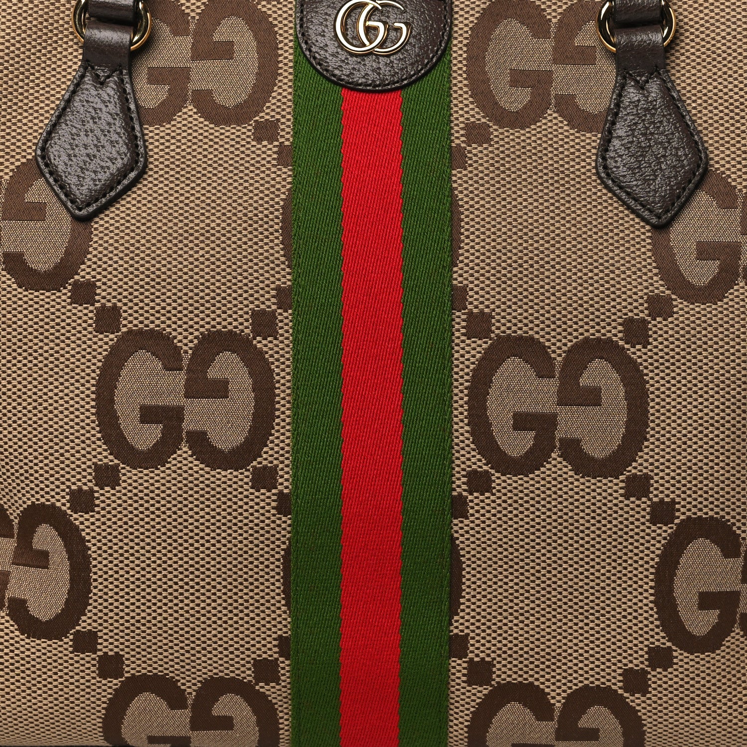 Gucci Monogram Jumbo GG Textured Dollar Calfskin Web Medium Ophidia Shopping Tote Camel Ebony 8 of 10