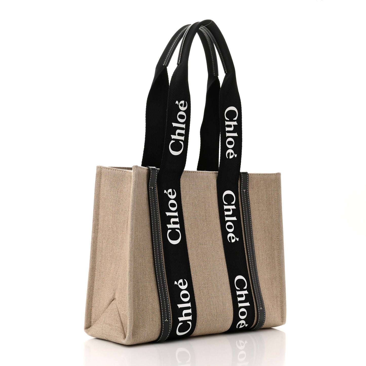 Linen Calfskin Medium Woody Ribbon Tote Black Blue