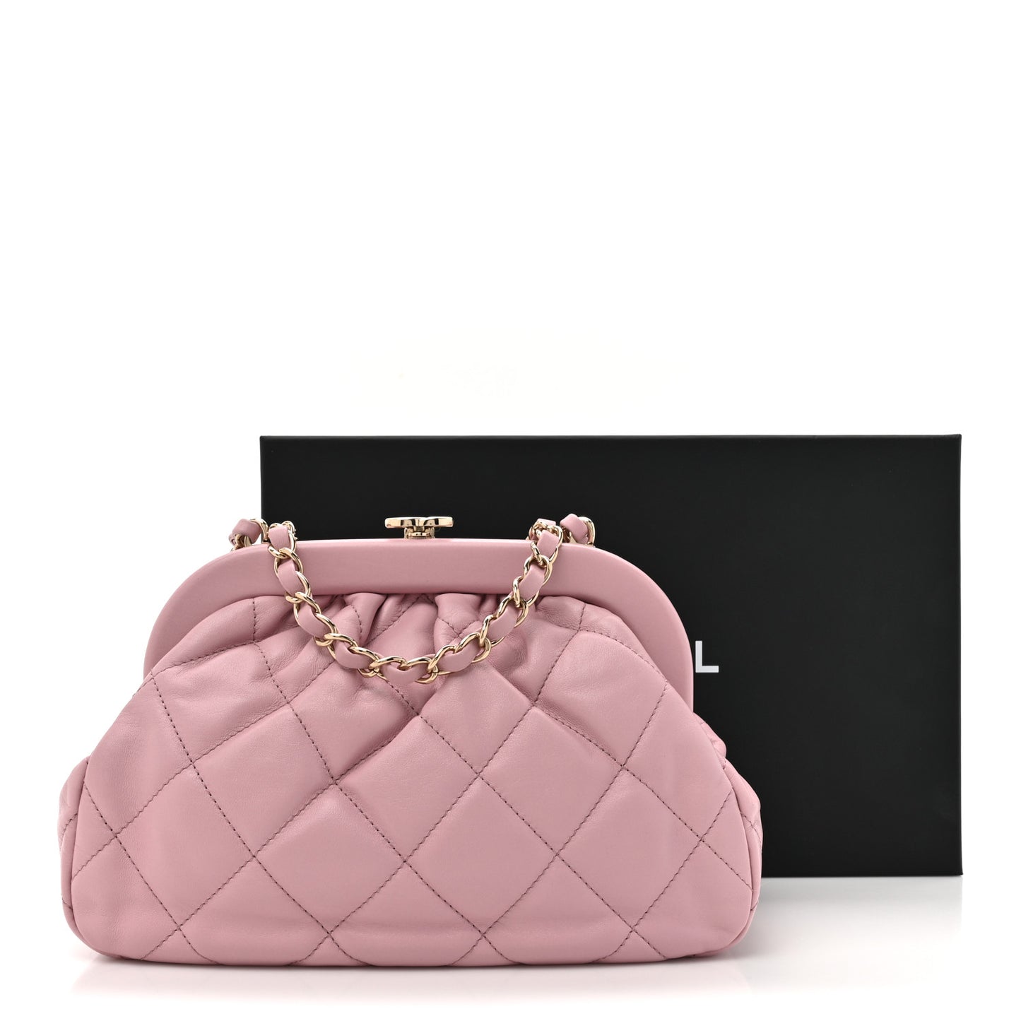 Lambskin Quilted CC Kisslock Clutch Pink