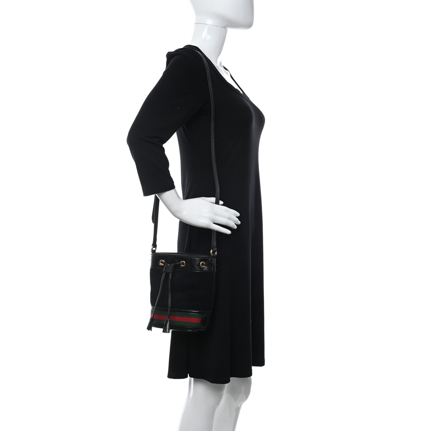 Suede Patent Web Mini Ophidia Bucket Bag Black