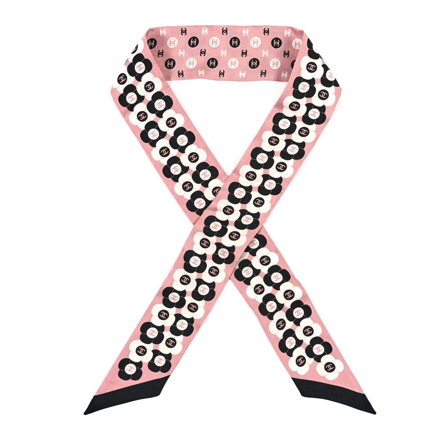 Silk Slim Reversible Camellia CC Bandeau Scarf Black White Pink