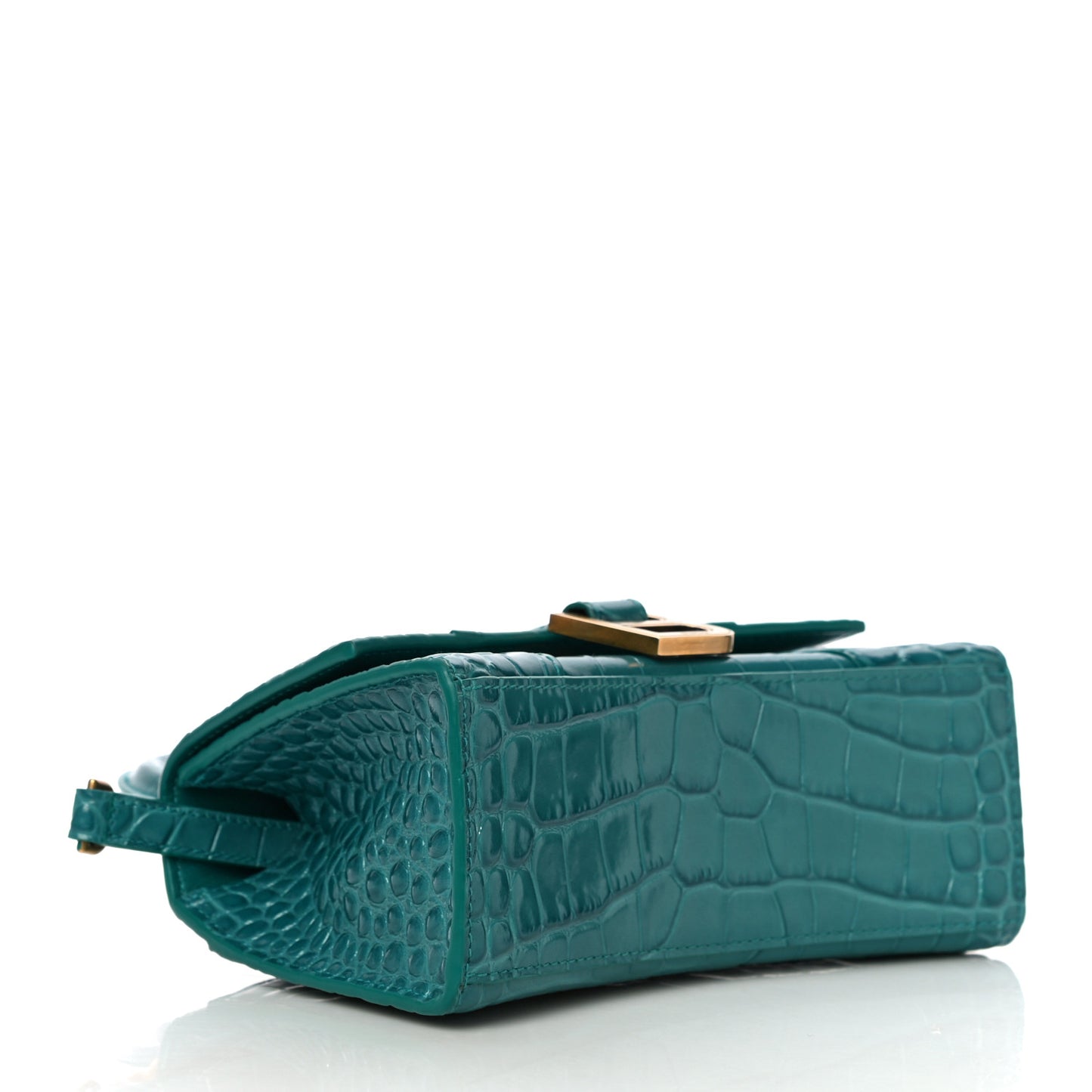 Shiny Calfskin Crocodile Embossed Hourglass Top Handle Bag XS Dark Turquoise