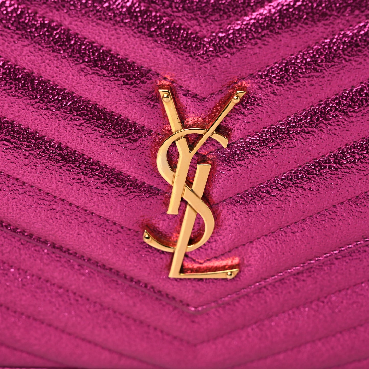 Metallic Crackled Calfskin Matelasse Chevron Monogram Chain Wallet Fuchsia