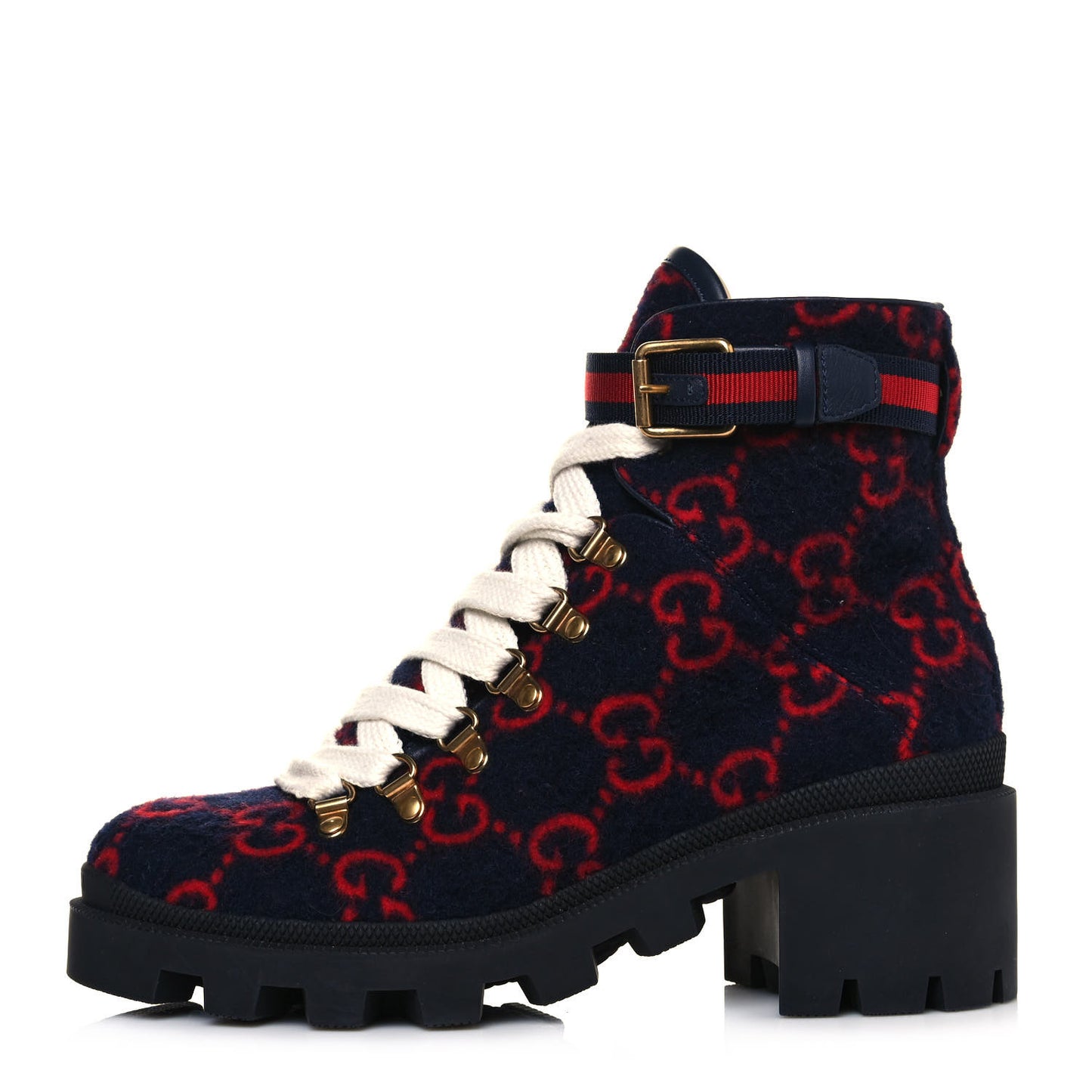 Covered Wool Big GG Monogram Womens Lace Up Combat Ankle Boots 38.5 Blue Red