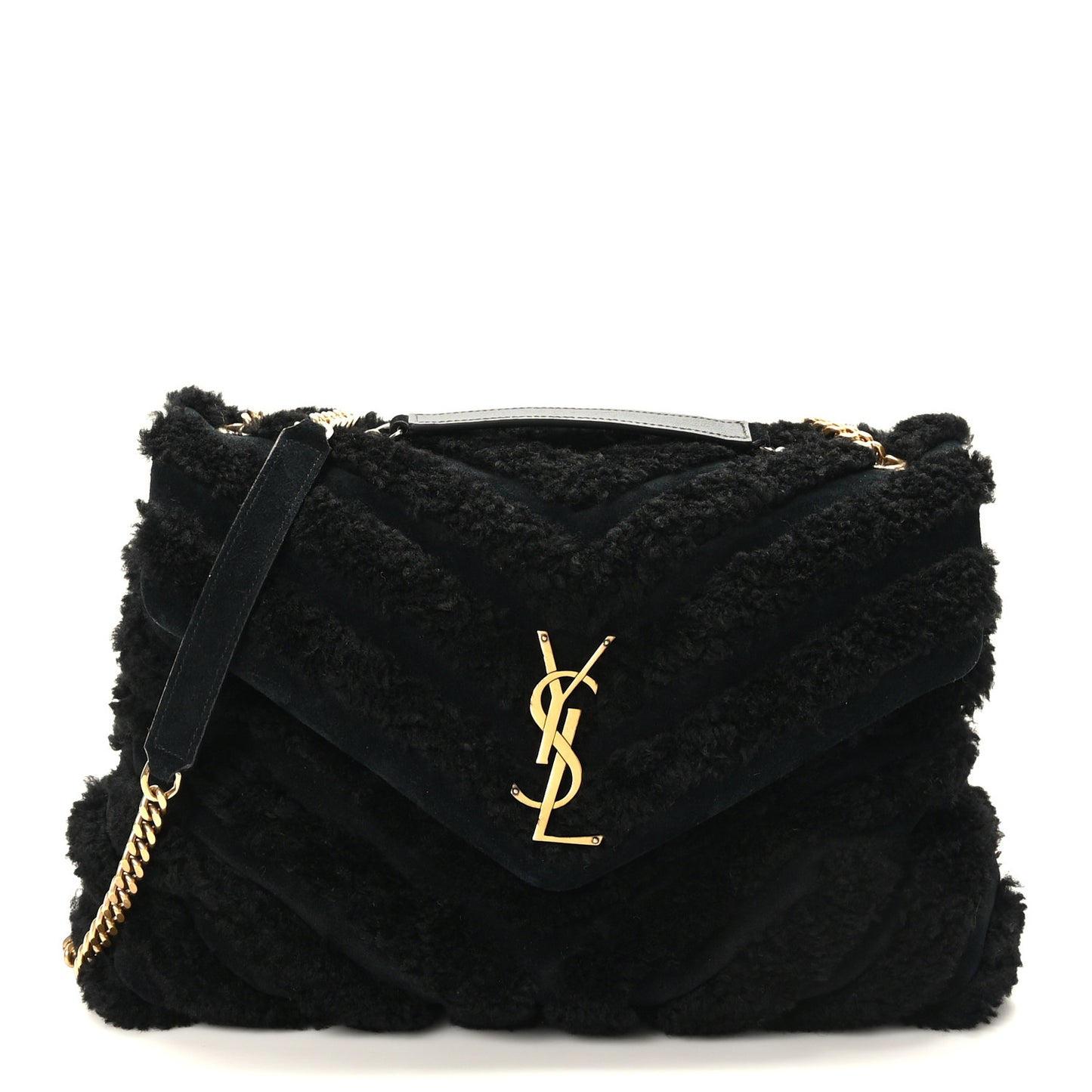 Shearling Y Quilted Monogram Medium Loulou Chain Satchel Black