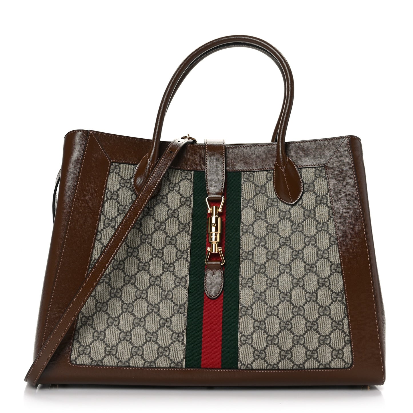 GG Supreme Monogram Azalea Calfskin Web Large Jackie 1961 Tote Beige Ebony Brown Sugar