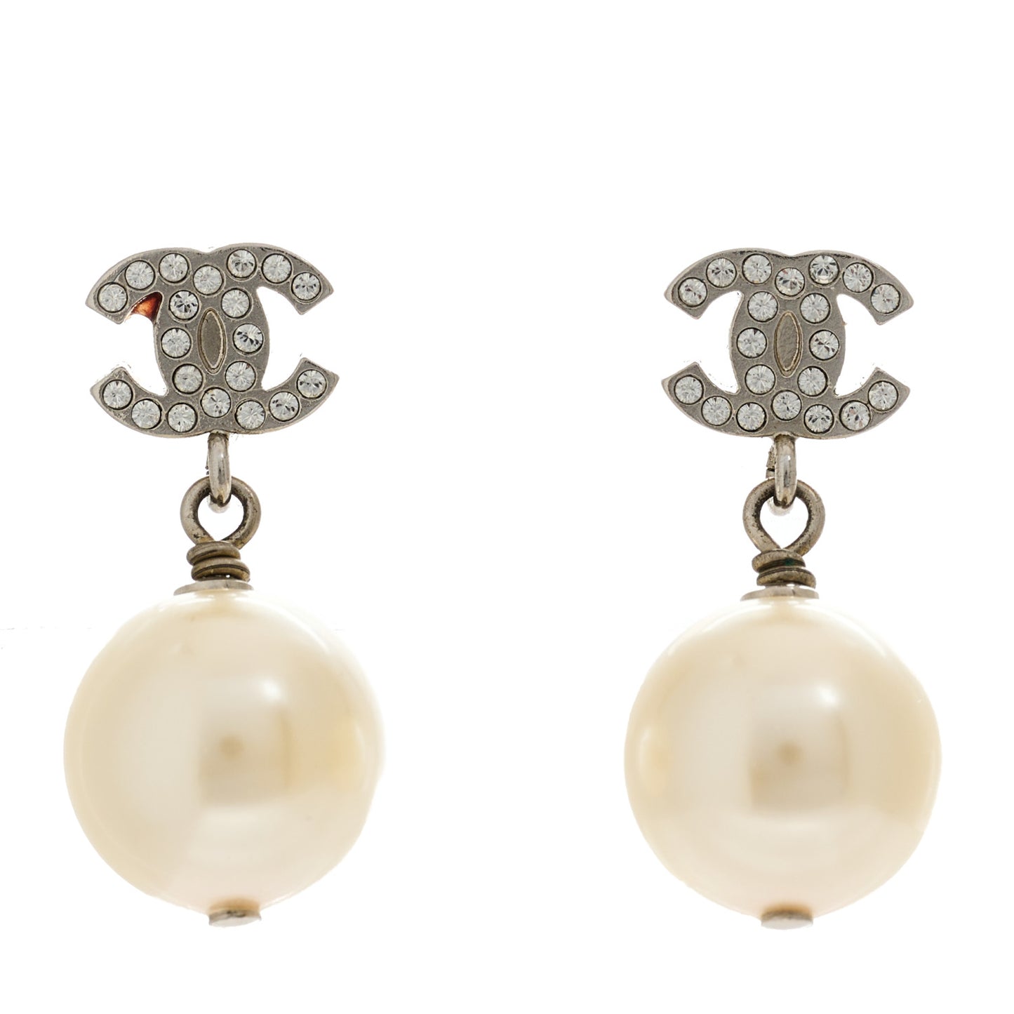 Crystal Pearl CC Drop Earrings Silver Pearly White