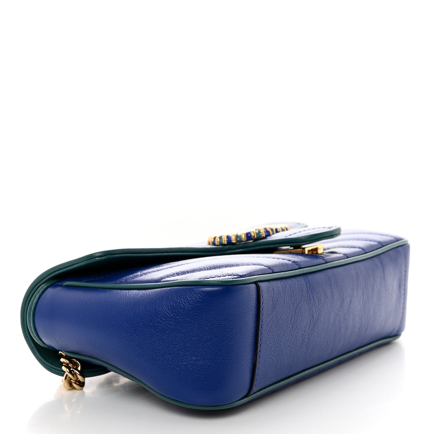 Azalea Calfskin Enamel Matelasse Diagonal Small Torchon GG Marmont Shoulder Bag Imperial Blue Pavone